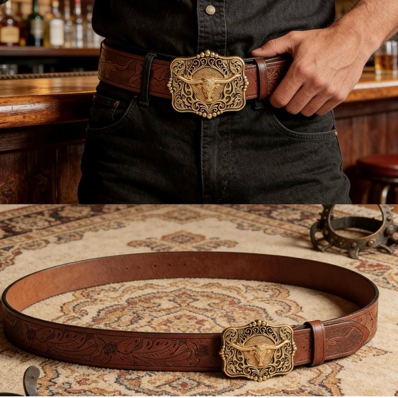 💕5/$15 Brown Leather Belt with Gold Buckle, NEW - Picture 3 of 3